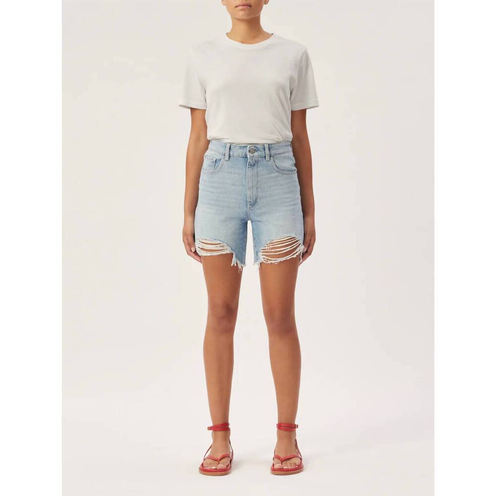 NEW DL1961 - WOMEN'S emilie ripped high waist fray hem denim shorts in fountain